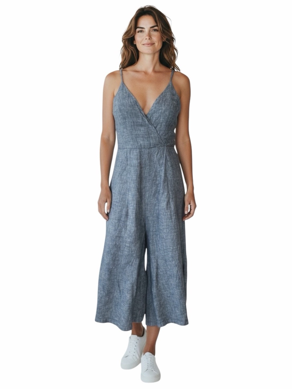 Tahari•Linen V Neck Wide Leg Jumpsuit
